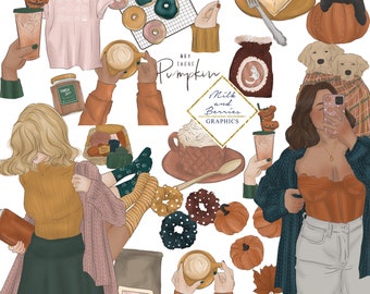 May include: A collection of fall-themed digital illustrations featuring a variety of elements, including a woman wearing a teal cardigan and a brown top, a cup of coffee, a pumpkin spice bag, a pumpkin, donuts, a pie, a cat, and a pair of dogs. The text "Hey There Pumpkin" is featured in the image.