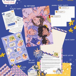May include: A Dinda's Palettes Mail Club Edition 02 stationery set on a blue background. Includes an A6 artwork print, a playlist sheet, journal prompt sheets, a notes sheet, an artist letter, die-cut stickers, and deco paper sheets.