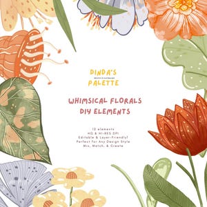 Elementos florais caprichosos DIY - Clipart floral desenhado à mão para planejadores, álbuns de recortes, fins de design, download instantâneo