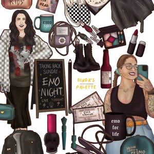 May include: An illustration featuring various items associated with the emo subculture. Includes a tote bag, notebook, shoes, CD, jacket, mug, iPod, boots, makeup, lipstick, nail polish, hair straightener, belt, and a sign that says "EMO NIGHT".