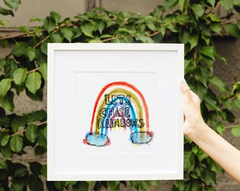 Watercolor Rainbow Painting/Lets Chase Rainbows/Nursery Rainbow Sign/Daycare Wall Art/Boho Rainbow Artwork/Preschool Wall Art