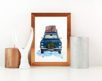 Retro Car Christmas Art/Holiday Decor/Christmas Wreath Watercolor/Christmas Presents Watercolor/Art Prints/Christmas Decor/Navy Holiday Art