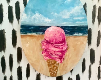 Ice Cream Painting/Food ArtworkModern Still life/Ice Cream Wall Art/Dessert Wall Art/Beach Scene Wall Art/Small Textured Painting/Wall Art