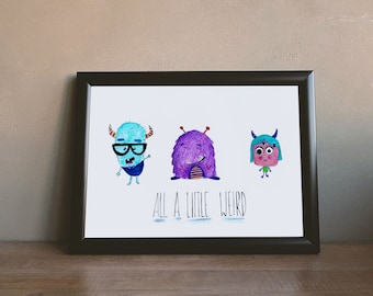 Monster Poster/Monster Theme/Monster Ilustration/Cute Monsters/Toddler Room Art/Monster Nursery/Monster Watercolor/