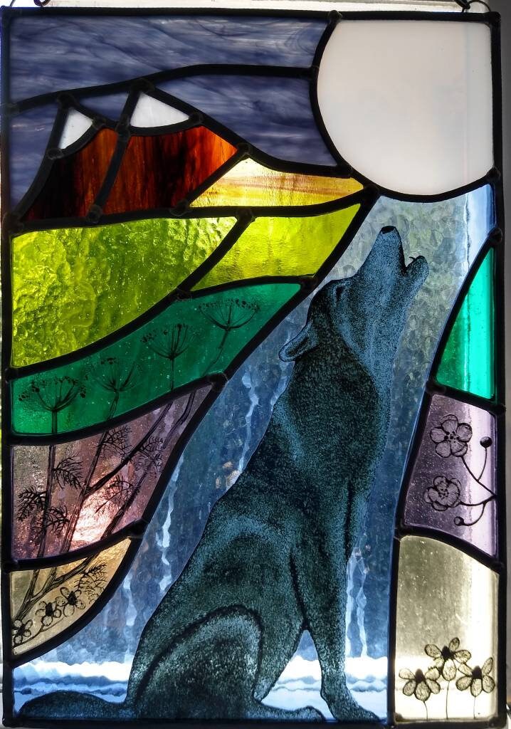 Wolf howling at the moon stained glass panel Etsy