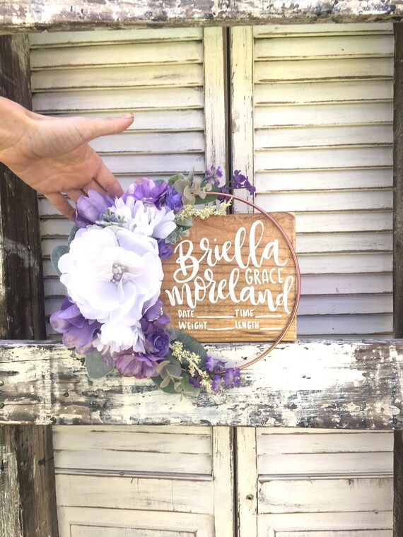 Purple Birth Stat Floral Hoop Hospital Sign Birth Stat Sign Hospital Crib Sign Baby Girl Birth Sign Birth Announcement Sign New Baby
