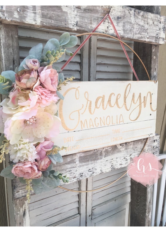 Hospital Door Hanger Girl Nursery Door Hanger Baby Girl Door Hanger Birth Stats Sign Baby Name Sign Hospital Door Wreath Baby Girl