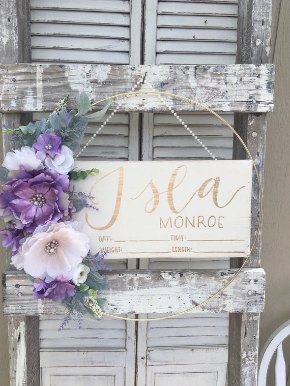 Hospital Door Hanger Girl Nursery Door Hanger Baby Girl Door Hanger Birth Stats Sign Baby Name Sign Hospital Door Violet Purple