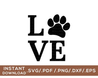 May include: Black and white graphic design of the word "LOVE" with a paw print in place of the "O". The paw print has the words "Rolling Paws" written inside it.