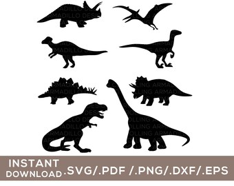 May include: A set of 8 black silhouette dinosaur illustrations. The dinosaurs include a stegosaurus, triceratops, brachiosaurus, tyrannosaurus rex, velociraptor, pterodactyl, and two other dinosaurs. The illustrations are perfect for crafting, scrapbooking, or digital design projects.