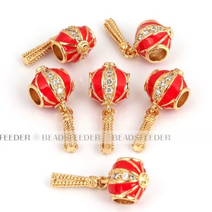 Red lantern bead, big hole bead, european bracelet bead,Cubic zirconia paved spacer beads charms/  space beads, gold plated  ，25mm 1pc