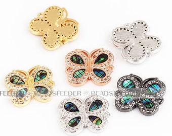 Butterfly link connector，with abalone shell chips，clear cubic zirconia CZ micro pave , space connector for bracelet  ,16mm 1pc