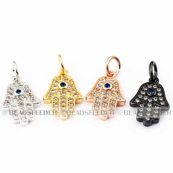 Evil eye hamsa hand CZ charm/pendant for neck lace,Clear/black CZ Micro Paved,Cubic Zirconia pendant in silver/gold/gunmetal colour,16mm 1pc