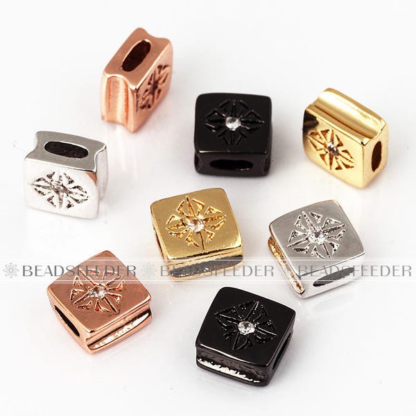 2pcs Flat square clover micro pave CZ Cubic Zirconia Mens spacer beads charms / leather space beads, noir / or / rosegold / argent couleur, 6mm