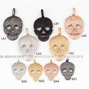 Flat Skull  pendant  Micro Pave Bead / CZ Bead / Clear Cubic Zirconia skull for necklace , plated black/gold color,30/48mm,1pc