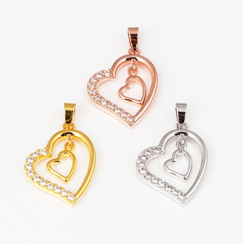 Double heart charm pendant Micro Pave charm Clear Cubic Zirconia charms in goldrose goldsilver colour 25mm 1pc