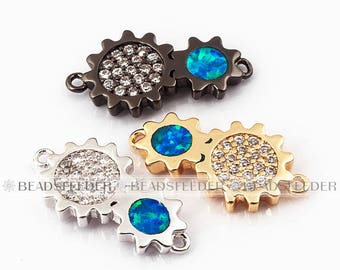 Ox horn connector blue opal,clear CZ micro paved,findingingCubic Zirconia CZ space connector,Rose GoldblackSilver colour,16mm,1pc