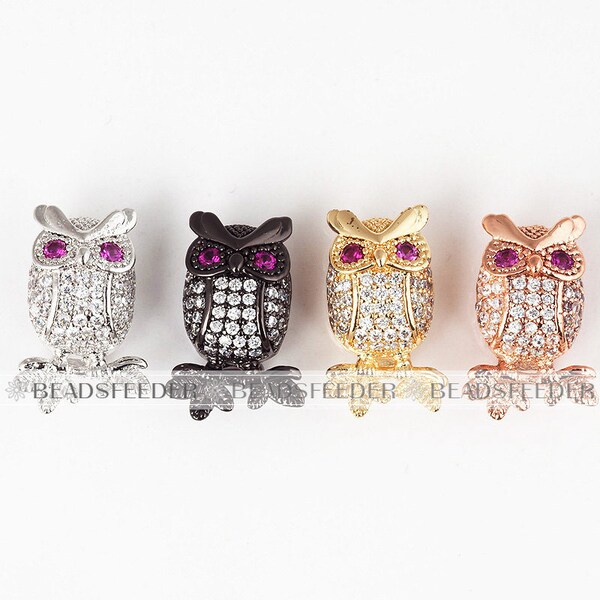 Perle mignonne de hibou, micro perle de pave CZ perle / Zirconia cubique clair, perles animales, charmes de bracelet de mode, 20mm,1pc