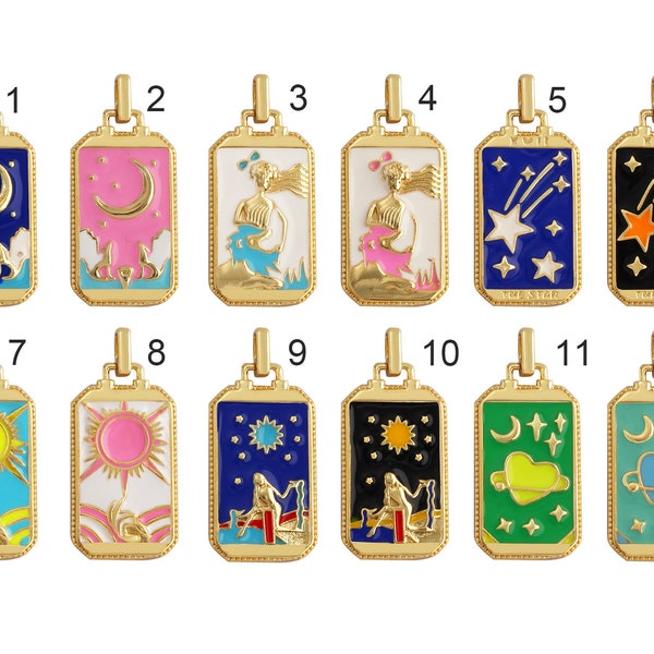 New Enamel Tarot Cards Charm Pendant with Cubic Zirconia ,18K Real Gold Plated,Women's Girl Party Necklace Pendant Jewelry Gift For Her