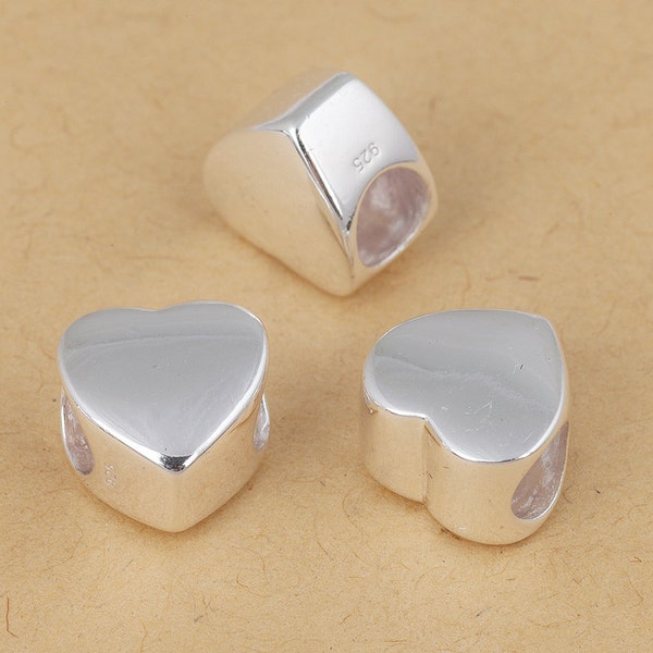 S925 Sterling Silver Heart shape beads Large hole/big hole European style bracelet charms beads , bright silver ,10mm 1pc