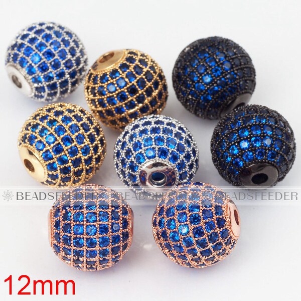 2/10pcs Shamballa perle de boule ronde Micro Pave Bead, bleu Cubic Zirconia CZ perles, Charms de bracelet pour femmes, 6mm / 8mm / 10mm / 12mm / 14mm / 16mm