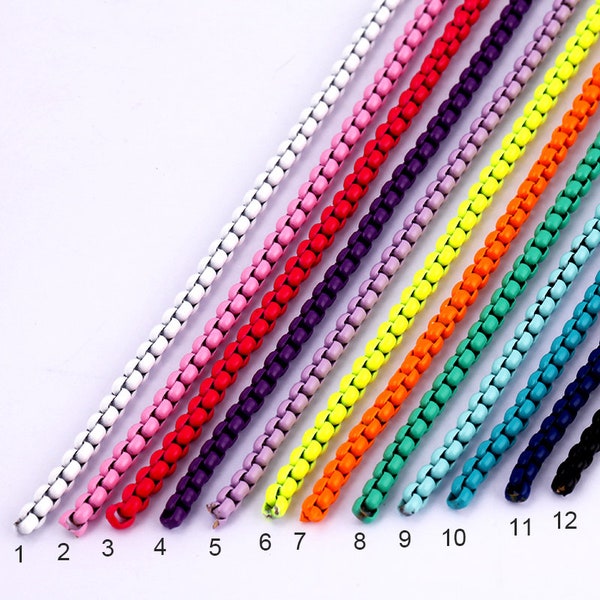 Chaîne de boîte ronde en émail de 2,5/3/4/5 mm à base de laiton, jaune fluo/vert/orange/rose peau/turquoise, blanc, noir, bleu, 1 mètre, pour la fabrication de bijoux