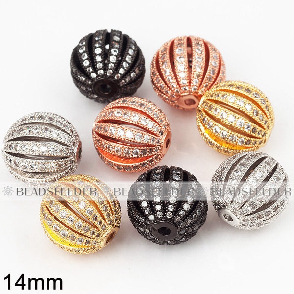 Shamballa Ball Ribbed Micro Pave Bead/CZ Bead/Clear Cubic Zirconia space beads, Women Bracelet Charms, couleur plaquée,8mm,10mm,12mm,14mm,1pc