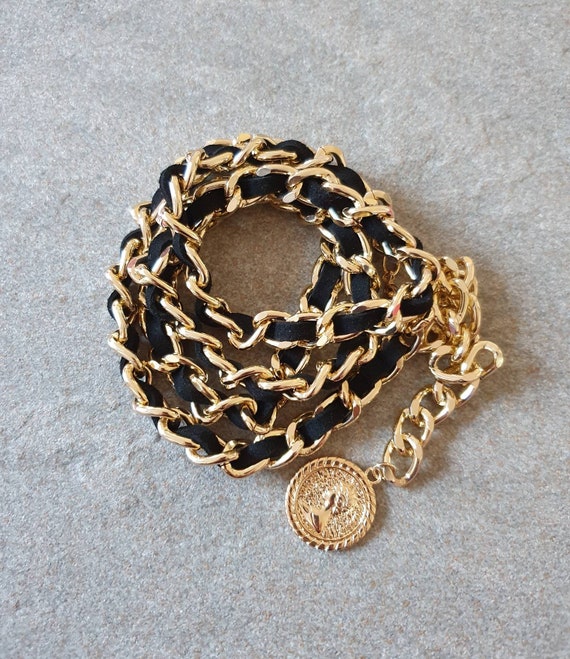 Gold Black Dress Belt. Skinny Linked 