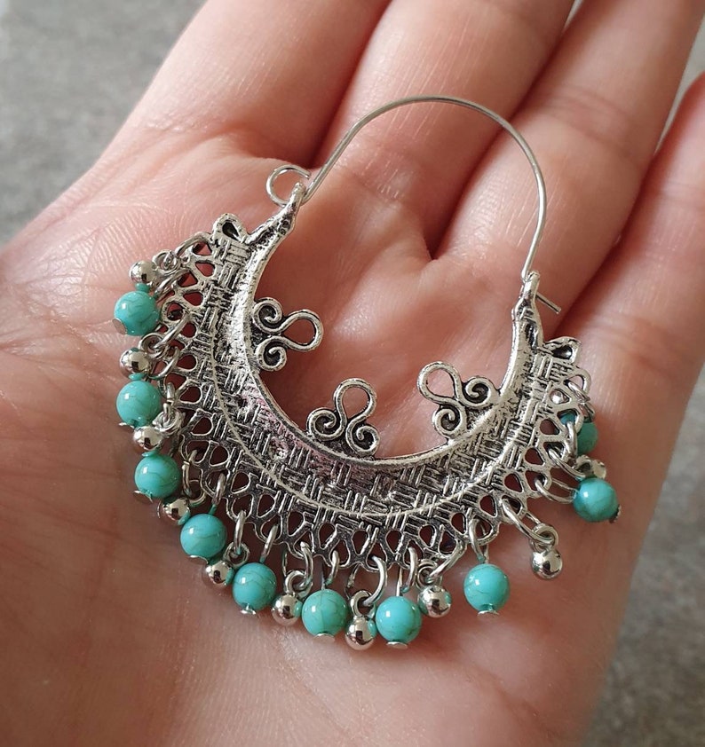 Boho beaded earrings Antique round silver blue long earrings Dangle earrings. Vintage Indian style jhumki jhumka earrings