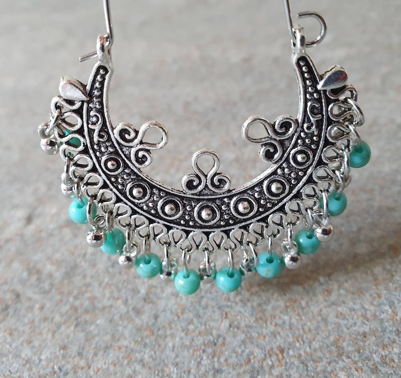 Boho beaded earrings Antique round silver blue long earrings Dangle earrings. Vintage Indian style jhumki jhumka earrings