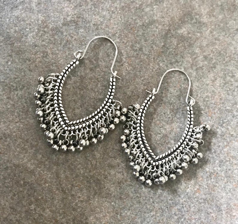 Bohemia vintage style silver earrings. Boho hoop earrings. Etsy