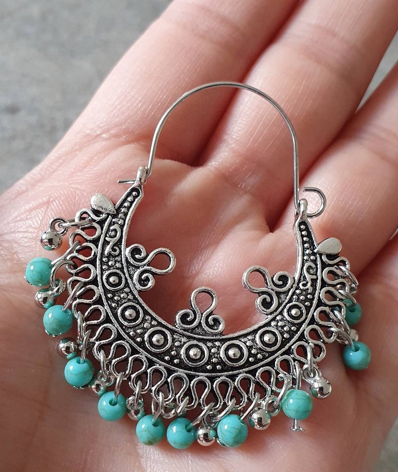 Boho beaded earrings Antique round silver blue long earrings Dangle earrings. Vintage Indian style jhumki jhumka earrings