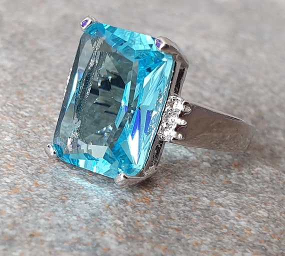 Cushion Cut Ring. Rectangle Blue Swarovski Crystal Ring. Large | Etsy UK