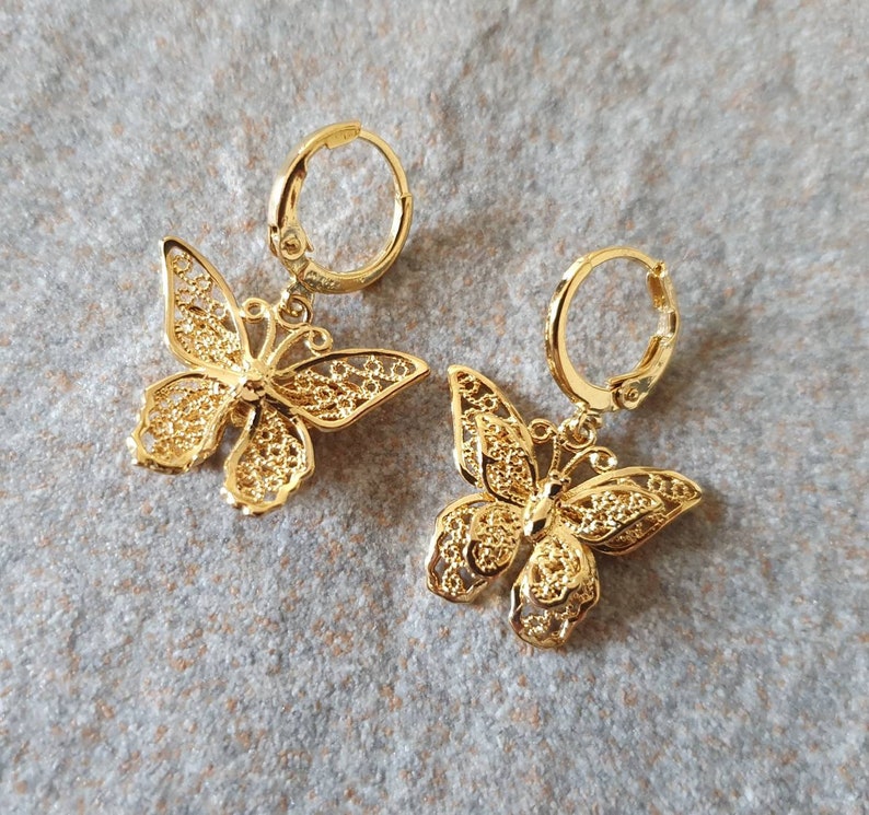 Large gold double Butterfly hoop earrings. Butterfly gold | Etsy