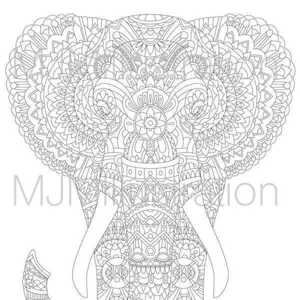 Decorative Elephant Instant download printable adult colouring page