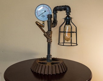 10 Inch Vintage Cast Iron Bevel Gear Lamp, Table Lamp, Pipe Lamp, Rustic Steamunk Lamp