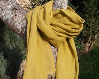 Men's linen scarf, Mustard Yellow color, several sizes to choose from. French artisanal manufacturing