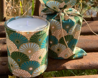 Natural scented candle, Japanese style turquoise cotton fabric, non-GMO soy wax
