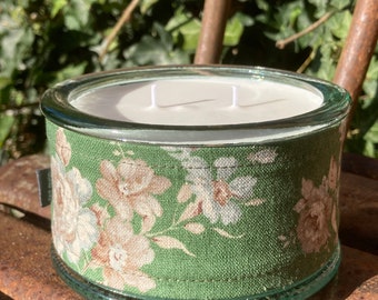 Non-GMO soy wax scented candle, 100% recycled glass, reusable GREEN fabric covering.