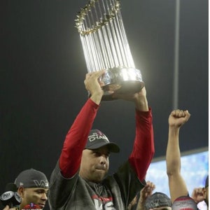Alex Cora 2018 World Series Commissioners Championship Trophy 8x10 Photo