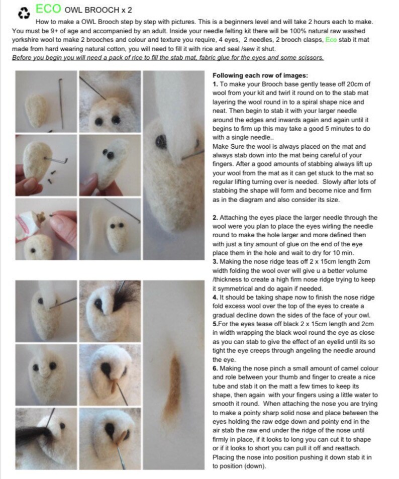 May include: Step-by-step instructions with images for crafting an owl brooch using needle felting techniques. The kit includes Yorkshire wool, eyes, needles, and a stab mat. The text provides detailed guidance on each step of the process.