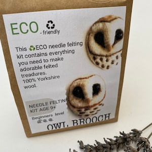 May include: A brown paper package with a label that reads "ECO - friendly" and "OWL, BROOCH". The label shows two owl brooch designs and text that describes the contents as a needle felting kit for ages 9+ with 100% Yorkshire wool.