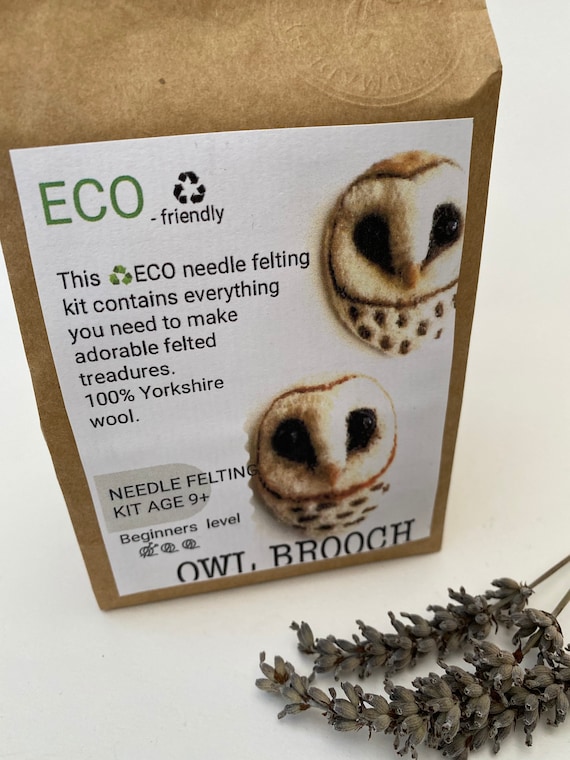 Needle felted owl brooch kit gift DIY