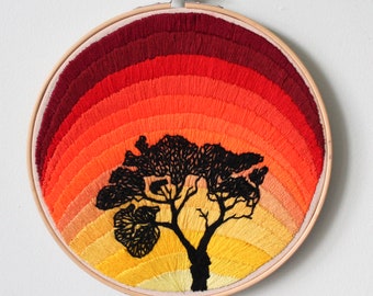 Landscape embroidery needlepoint silhouette hoop wall piece
