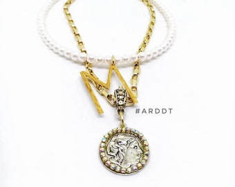 Initial necklace. Coin necklace. Layered necklace. Layered necklace set. Letter necklace. Gifts for her.