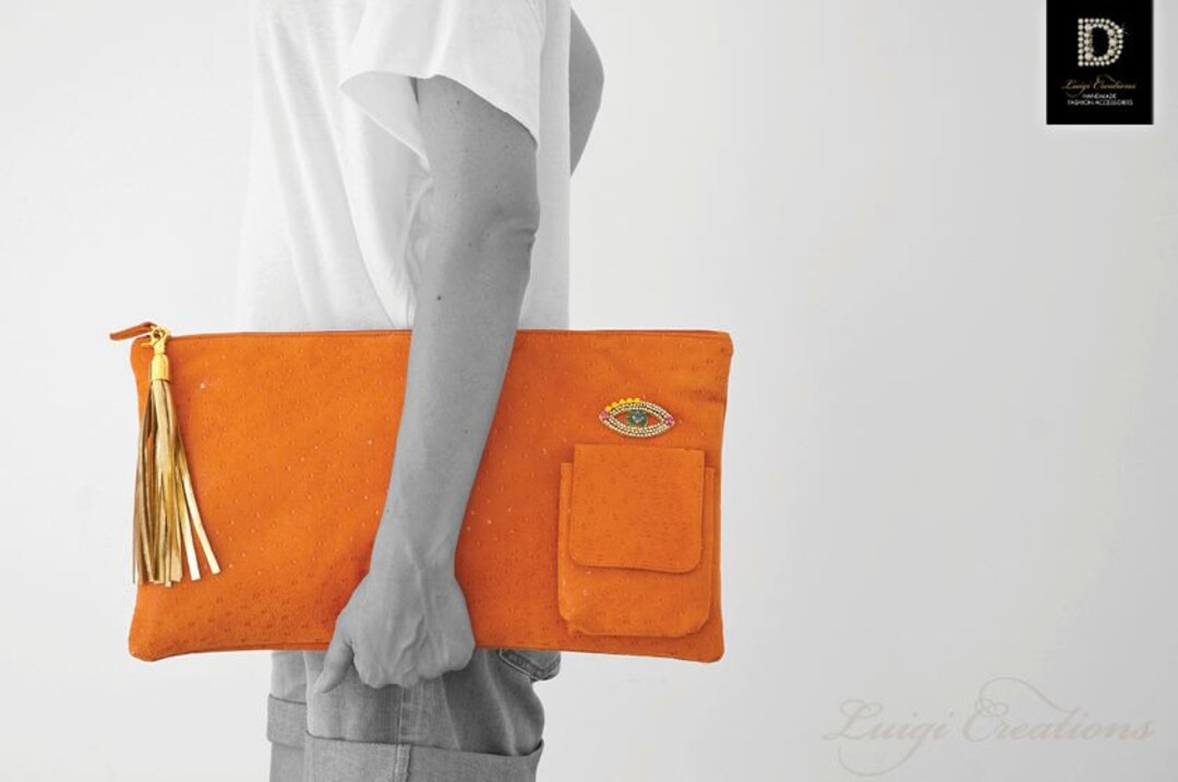 Clutch Bag XL Clutch Handmade Clutch Leather Clutch Orange Etsy