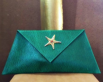 Unique, Clutch bag, Handmade, Envelope Clutch, Green Clutch Starfish buckle with czech crystals!