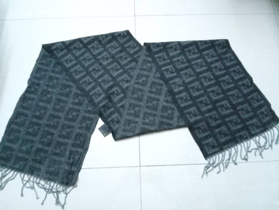 Vtg Fendi Scarf Monogram Gray Grey Muffler Scarves Winter Wool Ff