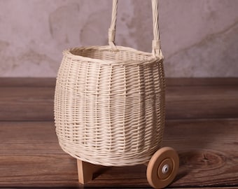 Wicker Baby Carriage: Nursery Photo Prop, Toy Stroller on Wheels