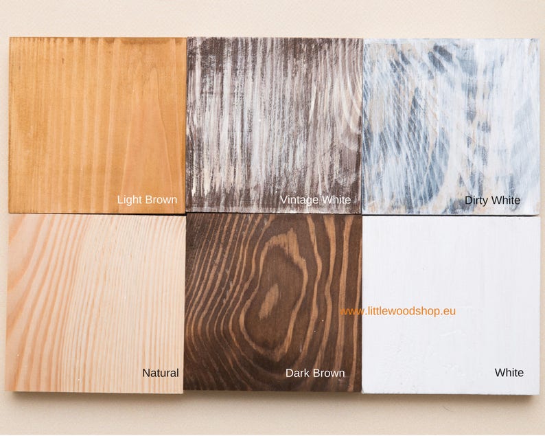 May include: Six wood samples showing different wood stains: light brown, vintage white, dirty white, natural, dark brown, and white. The samples are arranged in two rows of three. The website address www.littlewoodshop.eu is printed on the bottom right sample.